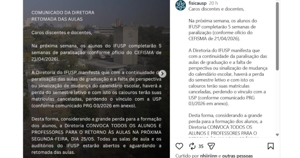 ‘ou-voltam-as-aulas-ou-perdem-o-semestre’,-afirma-instituto-de-fisica-da-usp-sobre-alunos-em-greve